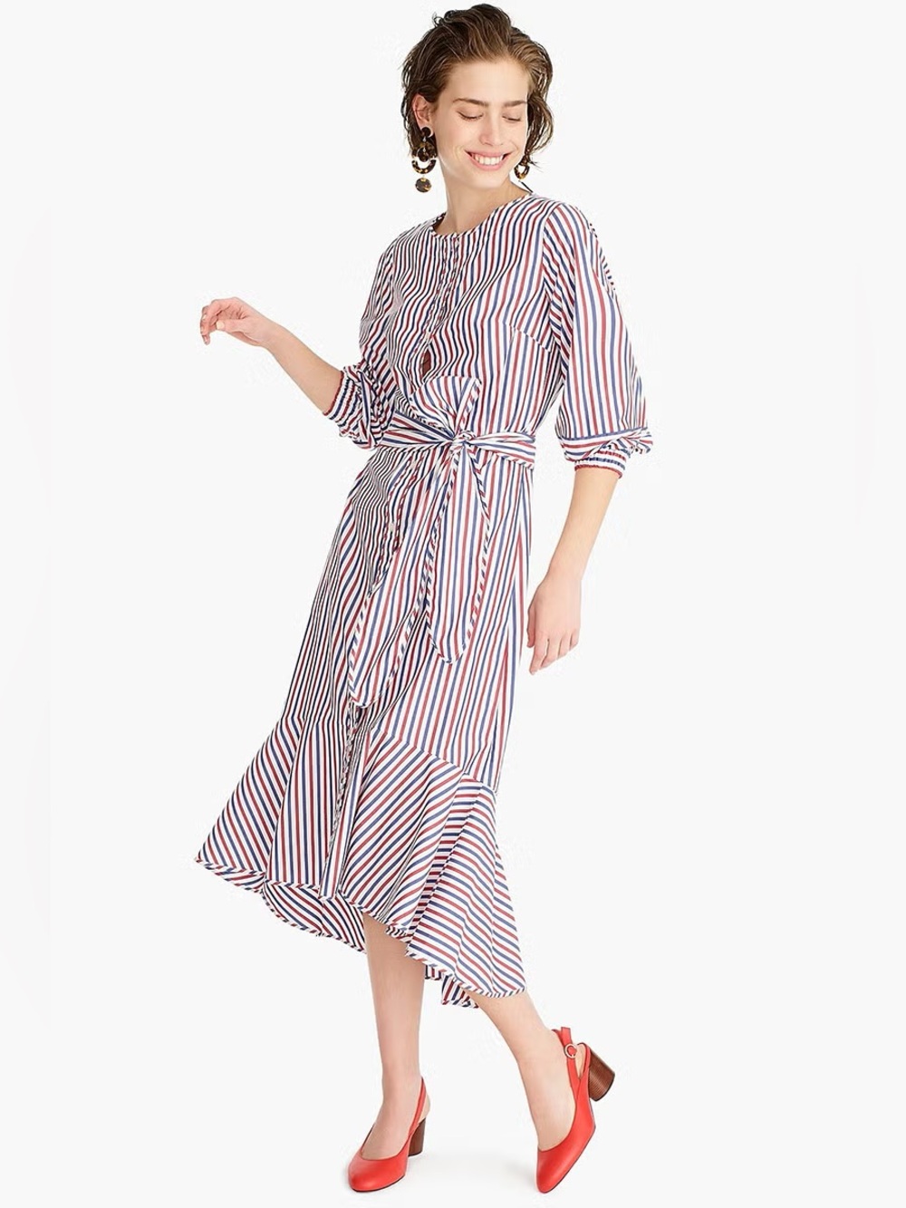 J. Crew Striped Tie Waist Cotton Shirt Midi Dress Size 4 Blue Red White Casual - Picture 1 of 11